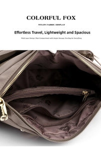 Internal detail of nylon crossbody bag featuring multi-layer zip pockets and logo lining