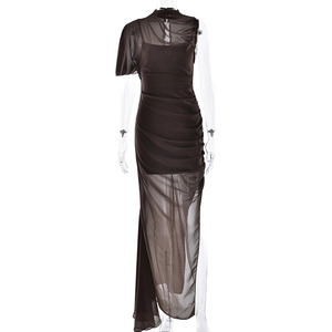 Elegant brown one-shoulder chiffon maxi dress with ruched details and sleeveless design
