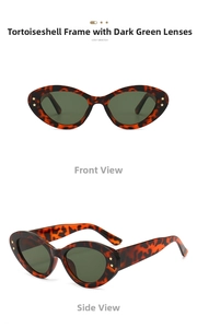 Detail view of tortoise shell oval sunglasses with gold star studs and green lenses