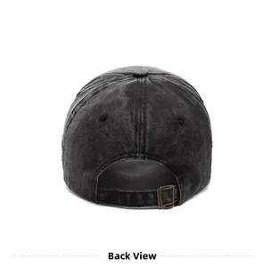 Rückansicht der dunkelgrauen gewaschenen Denim-Baseballcap mit verstellbarem Metallschnallenverschluss