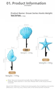 Dimensions détaillées des crochets muraux marins en résine avec étoile de mer et coquillage