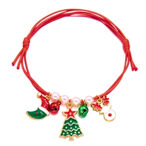 Handmade red braided Christmas bracelet with festive charms like reindeer and trees