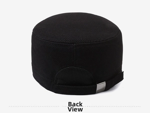 Detail of adjustable strap with matte metal buckle on black winter flat cap for elderly men