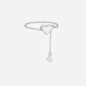 Elegant S925 Sterling Silver Adjustable Heart Chain Ring Dainty Zirconia Love Charm Open Finger Ring For Women Jewelry Gift