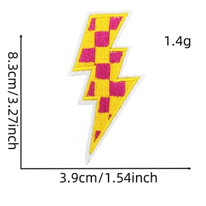 Detail of checkered lightning bolt patch with dimensions 8.3x3.9cm for DIY sewing and ironing