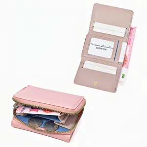 Three-fold pink leather cherry wallet for women with card slots and coin pocket
