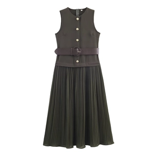Sleeveless Pleated Midi Dress With Belt Round Neck Solid Color Polyester Elegant Outfit For Women Army Green