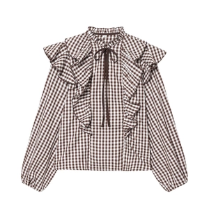 Chemisier À Carreaux Col À Volants Nœud Manches Longues Polyester Gingham Haut Pour Femmes Rétro Décontracté