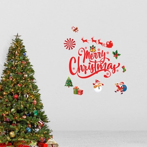 Festive Merry Christmas wall decals featuring Santa, snowman, and reindeer on a white wall