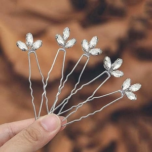 Set of 5 silver U-shaped hair pins with marquise cut rhinestones for elegant styling