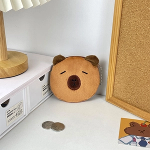 Detailed view of Capybara plush coin purse with closed eyes on a cozy desktop