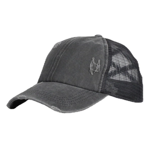Vintage dark grey baseball cap with distressed brim and breathable mesh panel