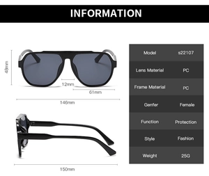 Detailed spec sheet for S22107 fashion oversized sunglasses with PC lens and frame dimensions