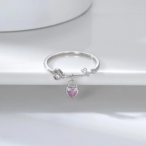 S925 sterling silver ring featuring a pink heart-shaped lock pendant and clear zircon stones