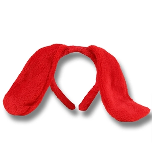 Close-up of fluffy red plush dog ear headband for cosplay and party costume accessory