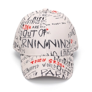 Close-up of graffiti style print with black and red letters on a gray baseball cap