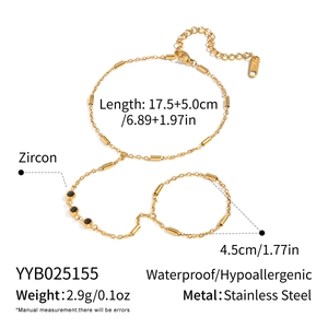 Detail of 18K gold-plated stainless steel hand chain with black zircon stone measurements