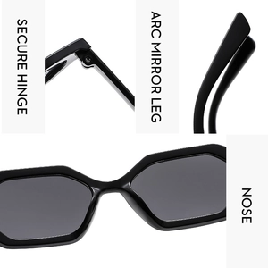 Detail view of durable hinges and ergonomic curved temples of these polygon sunglasses
