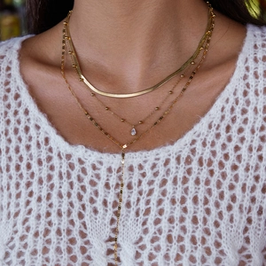 Classic 18K gold layered stainless steel necklace with teardrop zircon on a model