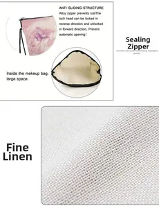 Detail view of pink lion makeup bag with anti-slip alloy zipper and linen fabric texture