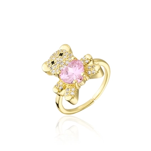 Adjustable golden open ring featuring a 3D teddy bear holding a pink heart zircon stone
