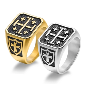 Vintage Jerusalem cross signet rings in gold and silver finish stainless steel