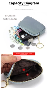Detail view of light blue pebbled leather mini wallet with gold zipper and keychain