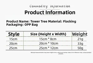Detailed size chart for snow-dusted flocking pagoda Christmas trees in three heights