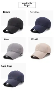 Detailed view of embroidery on cotton baseball caps in five classic color options