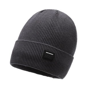 Dark grey ribbed knit beanie with mountain patch for autumn and winter outdoor warmth