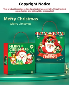 Detail of Christmas gift bags with festive Santa and reindeer illustrations and rope handles