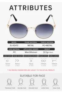 Detailed technical diagram showing dimensions and metal frame of round sunglasses