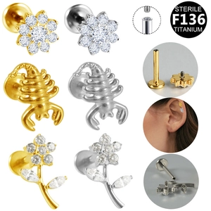 Copper Rhinestone Internally Threaded Lip Stud Flower Scorpion Piercing Stud Earrings For Women Men Gold Silver Jewelry
