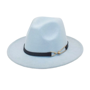 Close-up of light blue wool fedora hat featuring black faux leather band and gold buckle