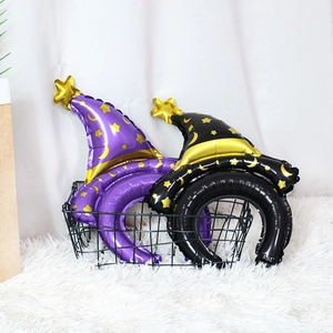 Mini wizard hat foil balloons in purple and black with stars for party decorations