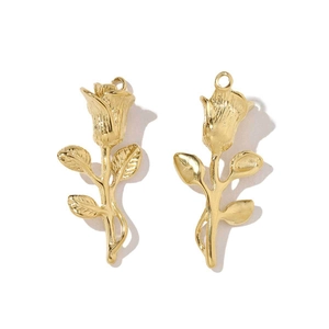 Detailed front and back views of 3D rose flower pendants in polished gold finish