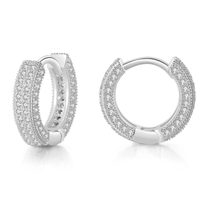 Classic silver pavé hoop earrings with multi-row cubic zirconia stones for men and women