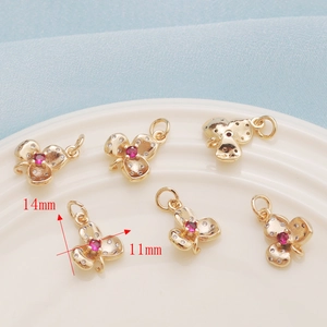 Set of 6 14K gold-plated flower pendants with red zircon and crystal accents 14x11mm