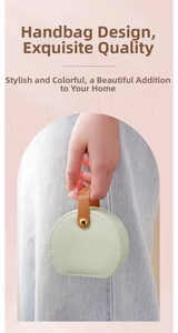 Close-up of mint green jewelry box with brown leather handle and gold metal fastener