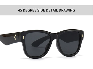 Detailed 45-degree side view of black square cat-eye sunglasses with gold star rivets