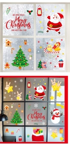 Detailed Christmas window stickers showing Santa and snowman on glass doors and windows