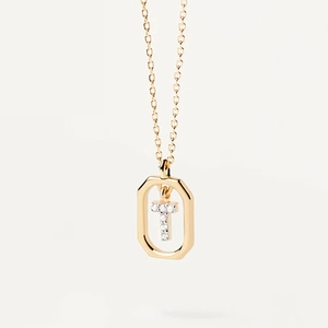 Gold plated 26 letter T pendant with micro-set zircon in octagonal geometric frame