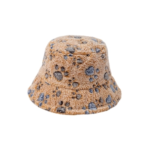 Fleece bucket hat in khaki with dark animal paw prints for autumn and winter warmth