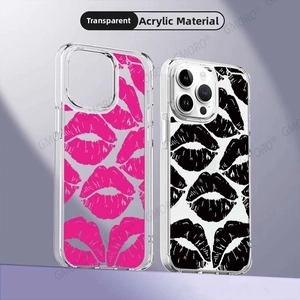 Detailed view of clear acrylic iPhone case with black and pink lip print patterns
