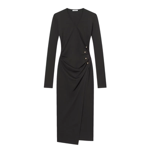 Elegantes Midi-Kleid Mit V-Ausschnitt Und Langen Ärmeln Seitlicher Raffung Goldenen Knöpfen Figurbetontes Sexy Wrap-Kleid