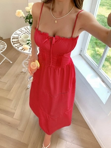 Elegant red spaghetti strap A-line midi dress with pleated bust for vacation style