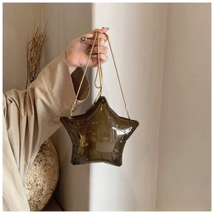 Detail view of brown transparent star-shaped acrylic bag with gold metal chain strap
