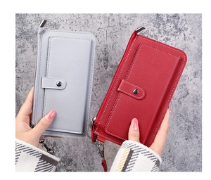 Detailed comparison of gray and red faux leather long zip wallets with wrist straps