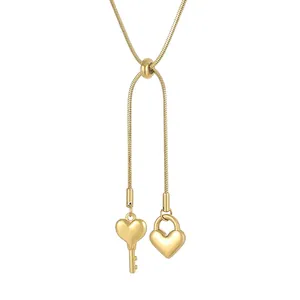Edelstahl Herzschloss Und Schlüssel Anhänger Halskette Verstellbare Schlangenkette Lariat Modeschmuck Damen