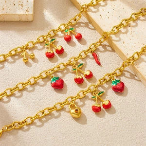 Gold Plated Stainless Steel Bracelet With Enamel Cherry Strawberry Heart Lock Pendants Sweet Fruit Jewelry For Women